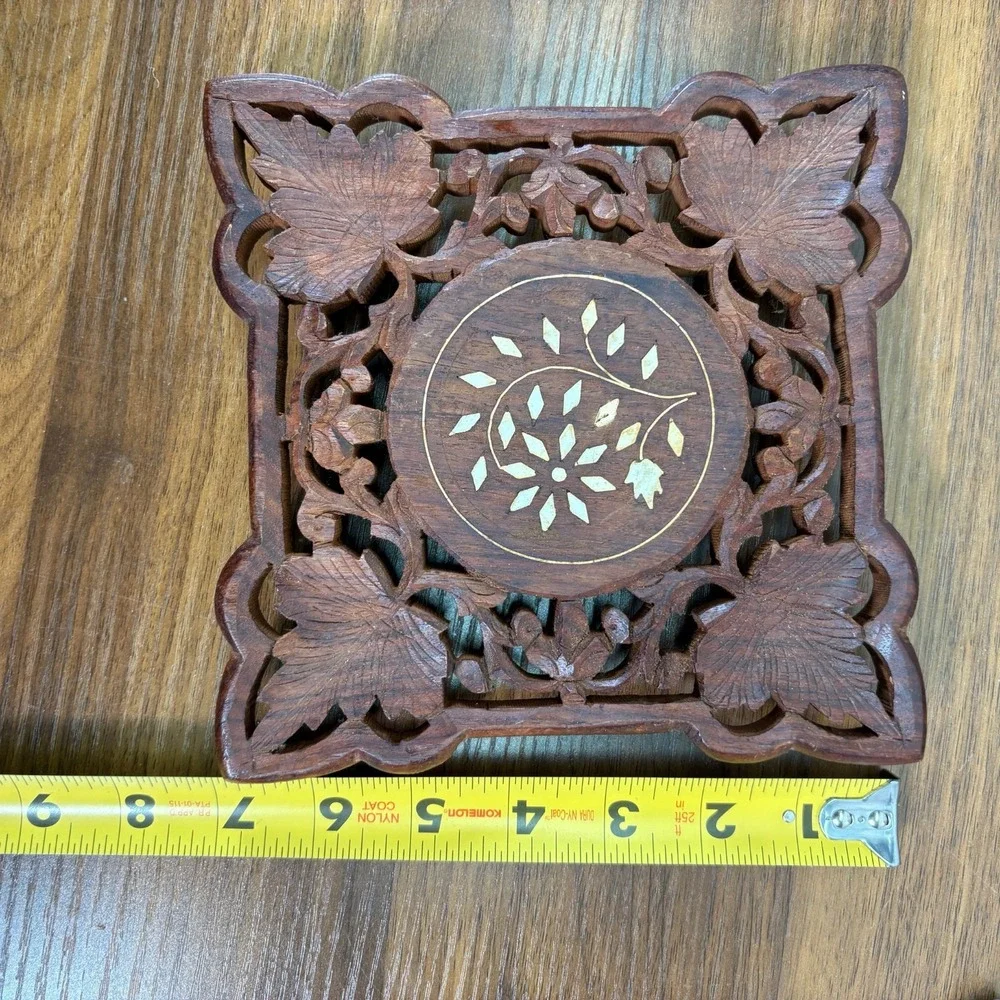 Vintage Hand-carved Wooden Trivet Flowers Inlay Round Footed India 7